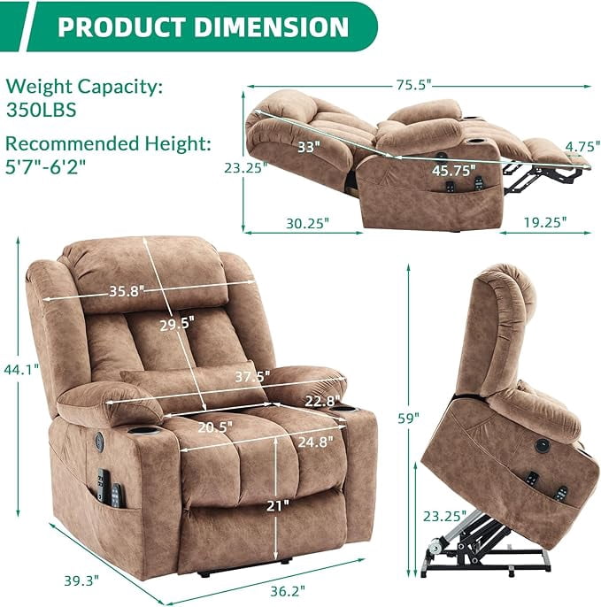 VIVIJASON Tall Man Dual Motor Power Lift Recliner, Oversized Lay-Flat Sleeper with Extended Footrest, Heat, Massage, Lumbar Pillow & USB/Type-C, Plush Brown