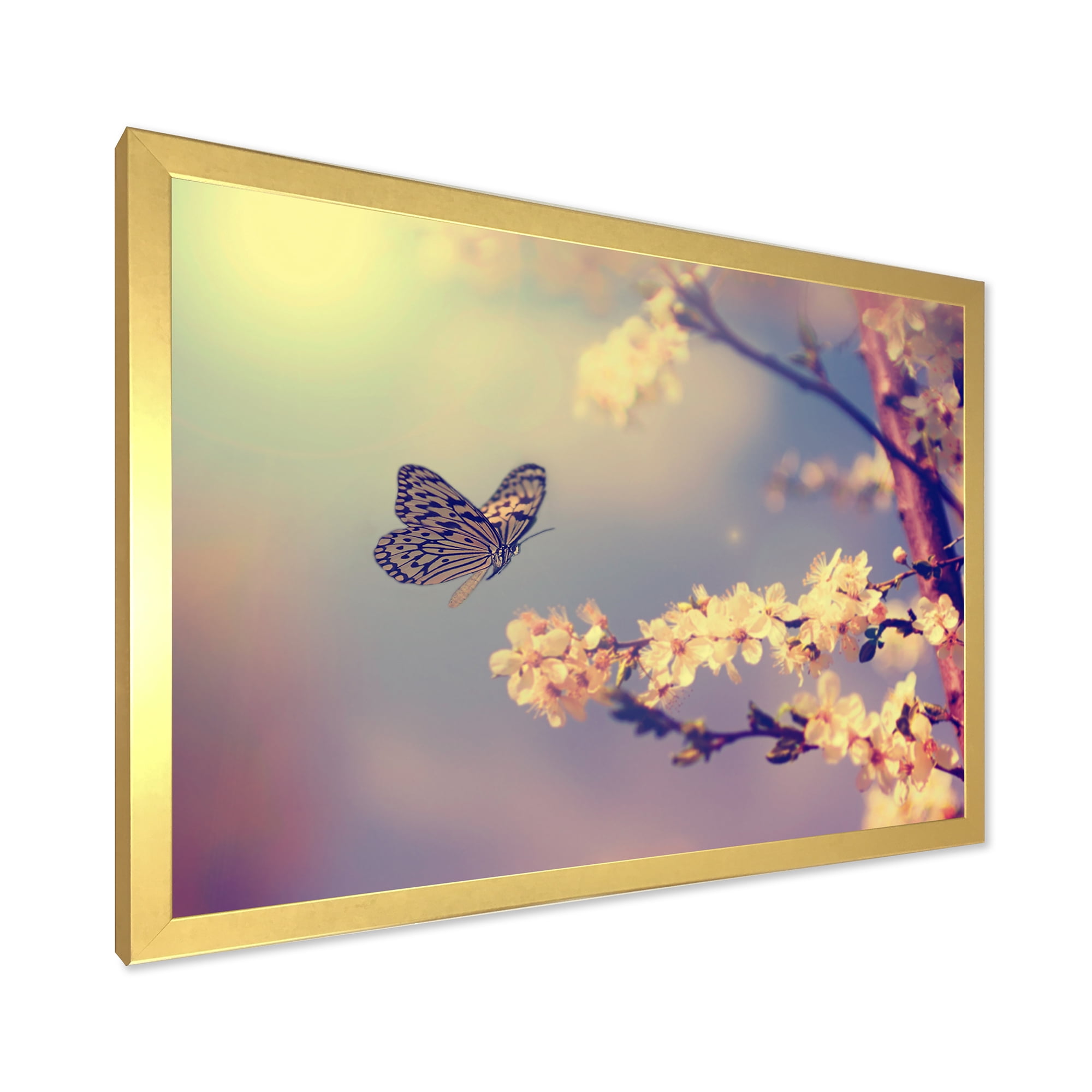 Designart 'Ancient Butterfly Flying To A White Flower' Traditional Framed Art Print
