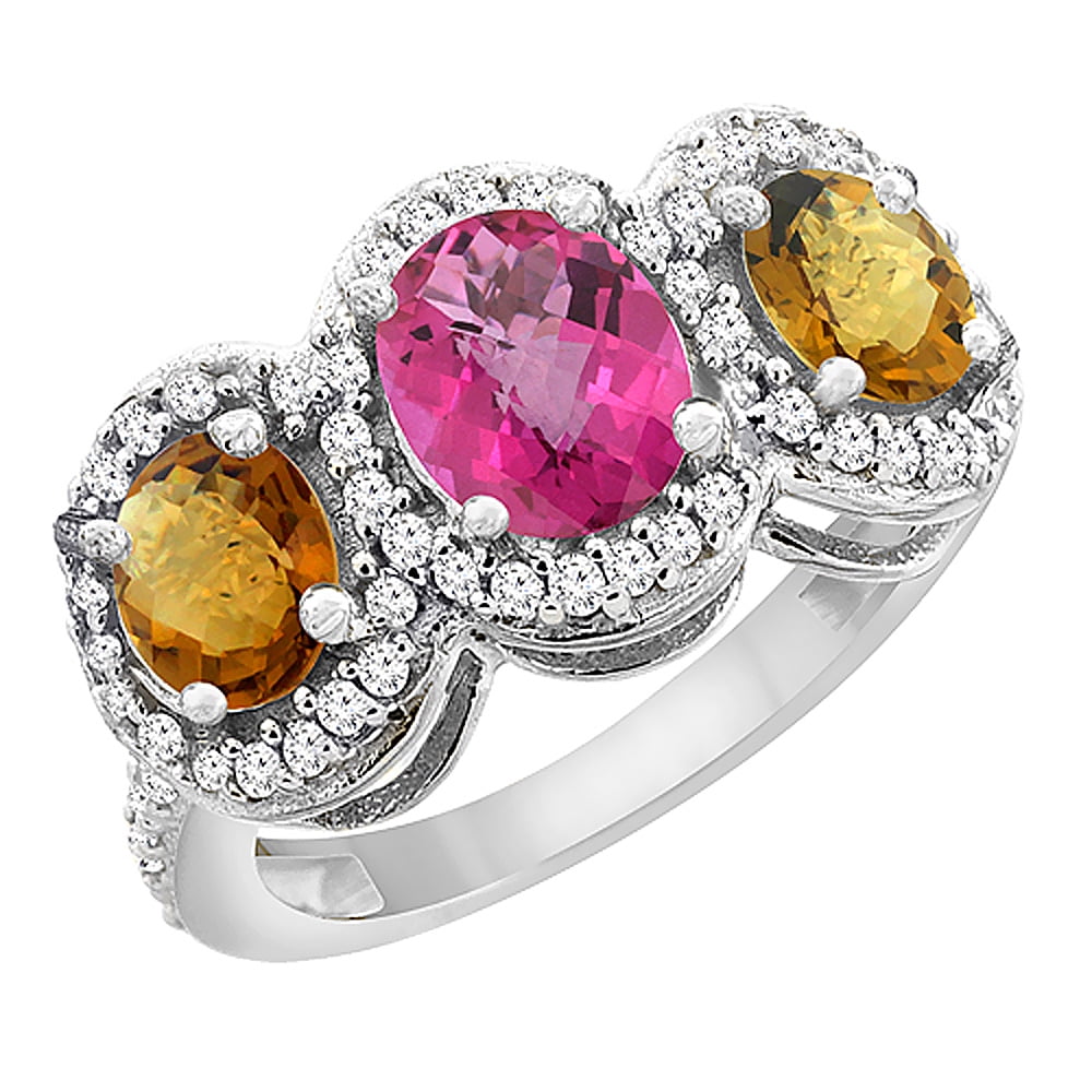 10K White Gold Natural Pink Sapphire & Whisky Quartz 3-Stone Ring Oval Diamond Accent, size 5 by Gabriella Gold