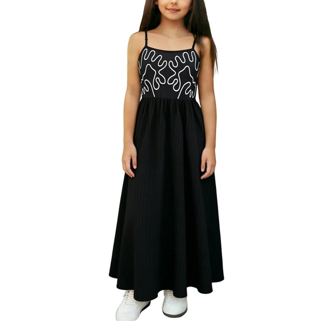 Vestido de Navidad de la Fiesta de las Niñas Estilo de Verano Imprimir Vestido de Tanque sin Mangas, Vestido de Navidad Bebé Niña Grande Falda Doblado Vestido Largo para Niños