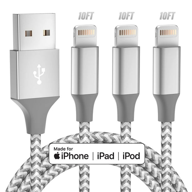Chargeur d'iPhone [Certifié Apple MFi] 3pack Câble Éclair de 10 Pieds de  Long Charge Rapide Synchronisation de Données Haute Vitesse Câble USB  Compatible iPhone 13/12/11 Pro Max/XS Max/xr/x/8/7/plus/6S (Blanc Gris) 