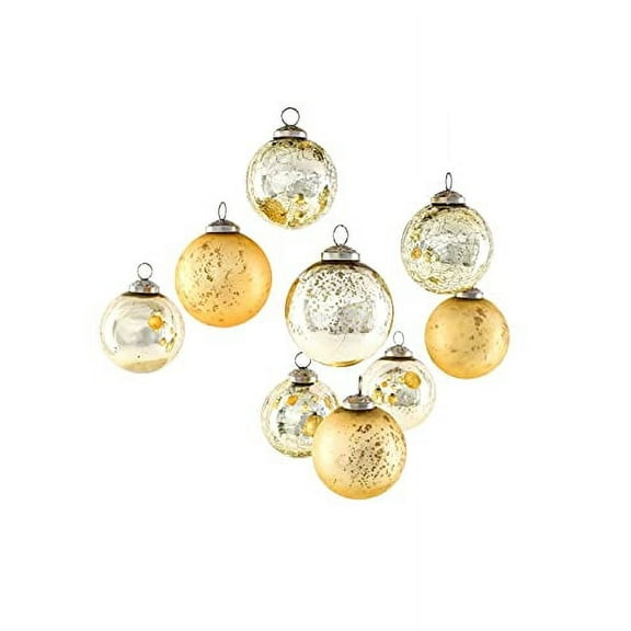Serene Spaces Living Set of 9 Gold Glass Ball Ornaments for Christmas Tree, Holiday Decorations, Winter Wedding, Table Centerpiece