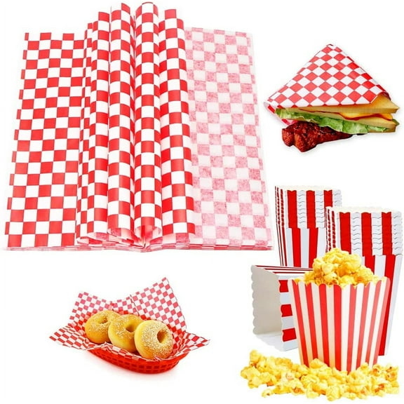 100Pcs Checkered Dry Waxed Deli Paper Sheets with 24 Popcorn Favor Boxes, Grease Resistant Checkered Basket Liner, Red and White Sandwich Paper Wraps for Party, Picnic (11x10.2inch)