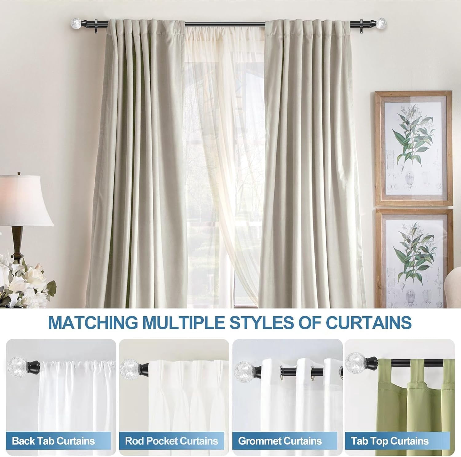 Urbanest Adjustable Double Curtain Rod Set Crackle Glass Manhattan Finials – 1″ Front & 3/4″ Back Rod With Black Rod, 28–48 Inches