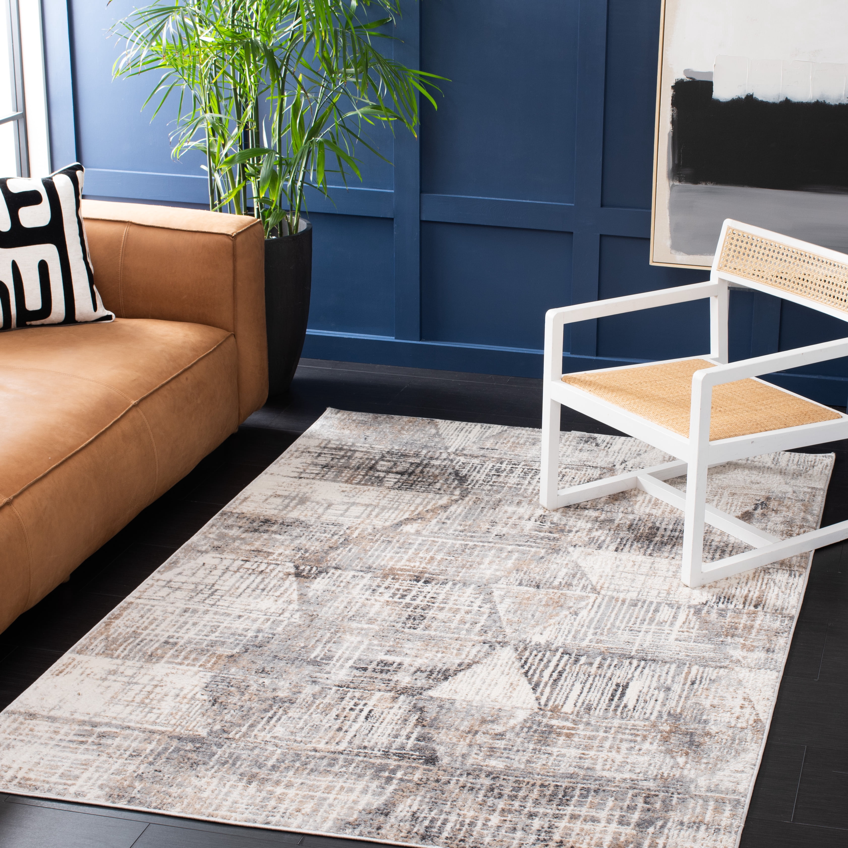 SAFAVIEH Shivan Nowell Geometric Distressed Area Rug, Ivory/Grey, 6'7" x 6'7" Square