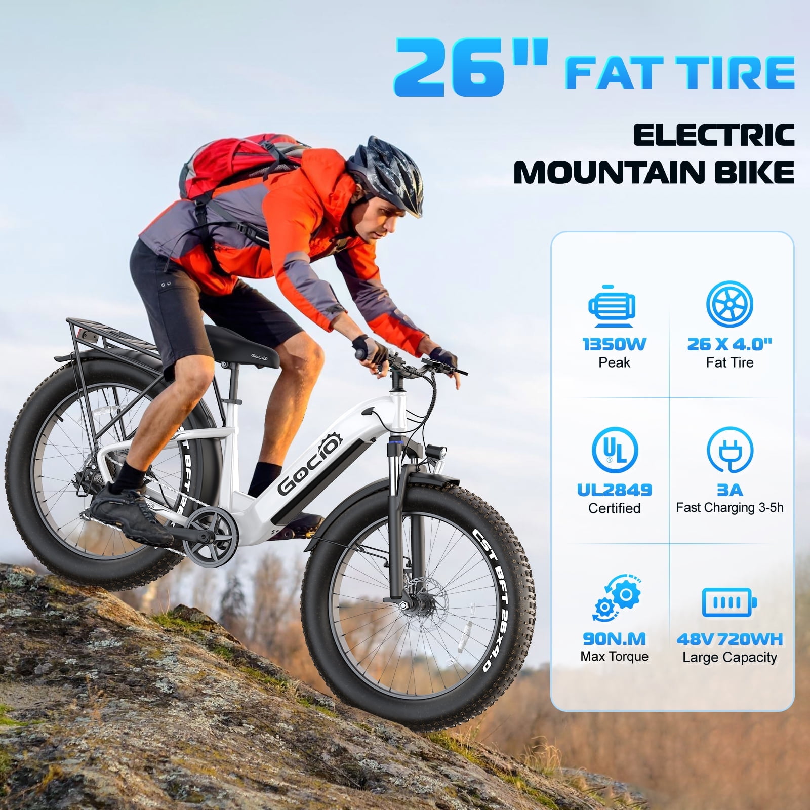 Gocio Electric Bike for Adult, 26" x 4.0 Fat Tire E-Mountain Bicycle, 22MPH, 750W Motor Ebike with 48V 15Ah Removable Battery, Shimano 7-Speed UL 2849
