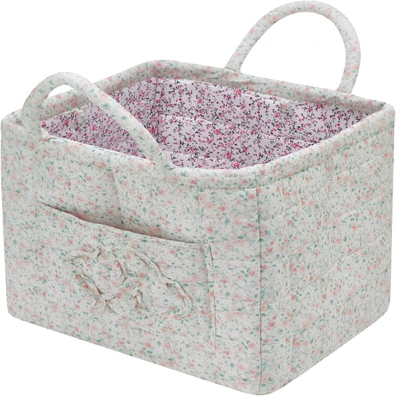 XIBUFE Quilted Fabric Storage Basket with Handles & Pocket,Foldable Laundry Hamper Boho Floral Print Organizer Bin for Home,Picnic,Office 12"X10"X10"