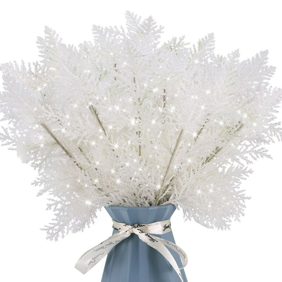 SOFTGAS 20 Pcs Christmas Tree Picks Sprays 10.4" Glitter Artificial Pine Needles Branches Twigs Fake Pine Stems Picks for Xmas Tree Holiday Arrangement Crafts DIY Garland Wreath Home Decor (White)