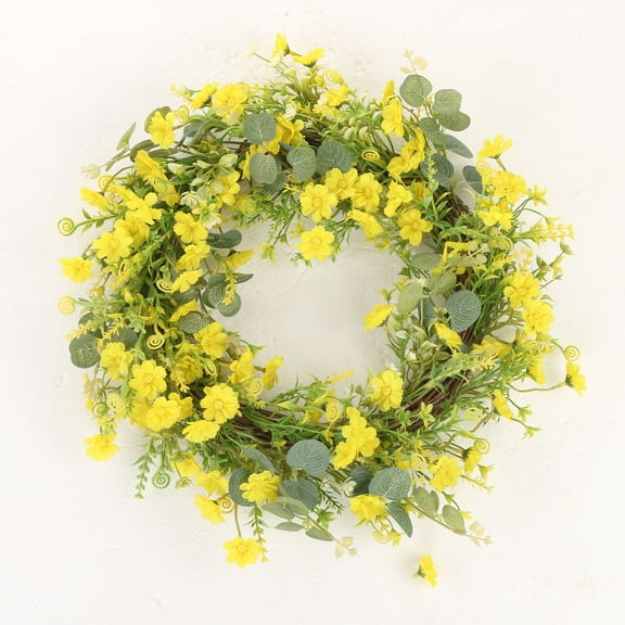 LSLJS Wreaths for Front Door,22" Floral Wreath with Yellow Daisy Flower,Green Leaves,Rattan Circle,Door Wreaths for All Seasons Outdoor, Farmhouse Wreaths for Wedding Party Wall Window Decor