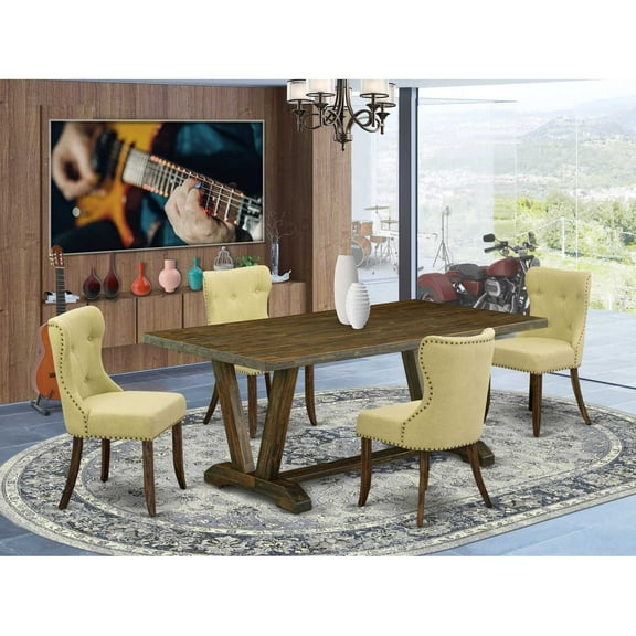 East West Furniture V777SI737-5 5-Piece Dinette Room Set- 4 Dining Chairs with Limelight Linen Fabric Seat and Button Tufted Chair Back - Rectangular Table Top & Wooden Legs - Distressed Jacobean...
