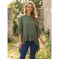 thumbnail image 2 of DARING DIVA Women's High Low Tops Bell Sleeve Crewneck Ruffle Blouse S Army Green, 2 of 8