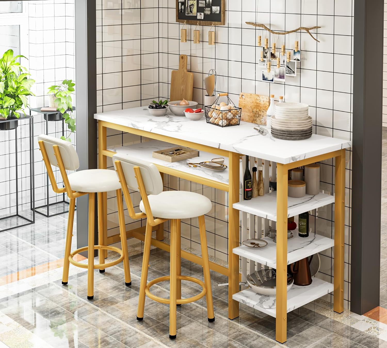 LinkRomat Bar Table and Chairs Set for 2, Marble Kitchen Island Table with 2 PU Bar Stools, Tall Kitchen Table and Chairs with Storage for Small Spaces, Home & Apartment, Gold