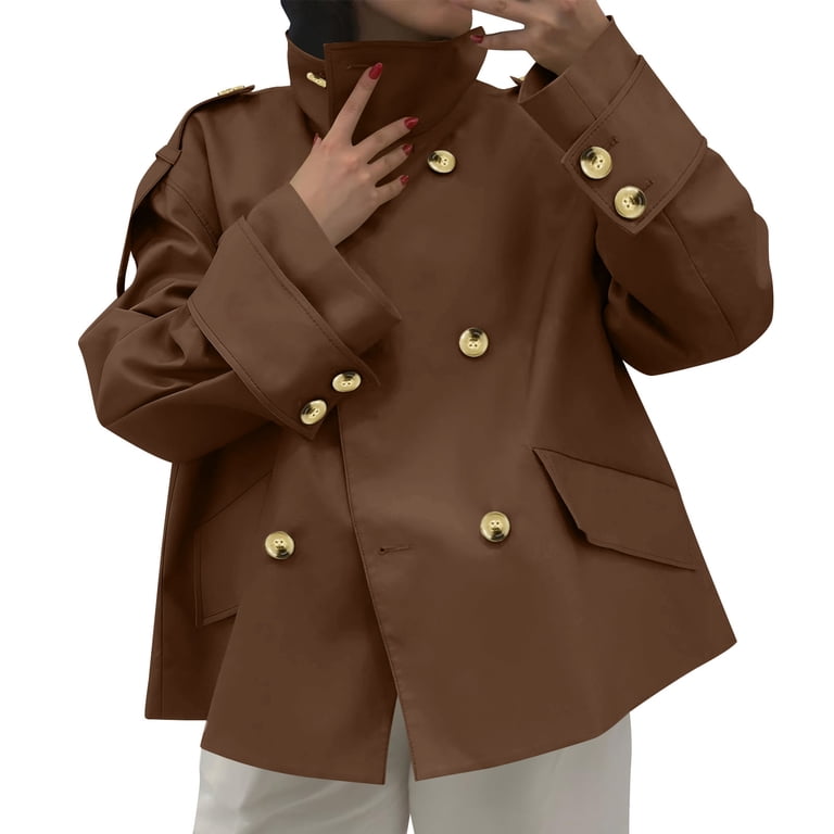 Women's Oversized Short Trench Coat Double Breasted Stand Collar