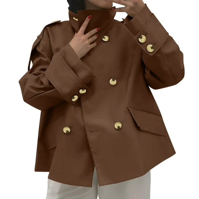 Manteaux Trench pour Femmes, Veste Trench Courte à Col à Revers à Manches Longues Unie Coupe Régulière Décontractée pour Femmes avec Fermeture Éclair, Manteau de Travail Surdimensionné à Double Boutonnage, Vestes d'Automne pour Femmes