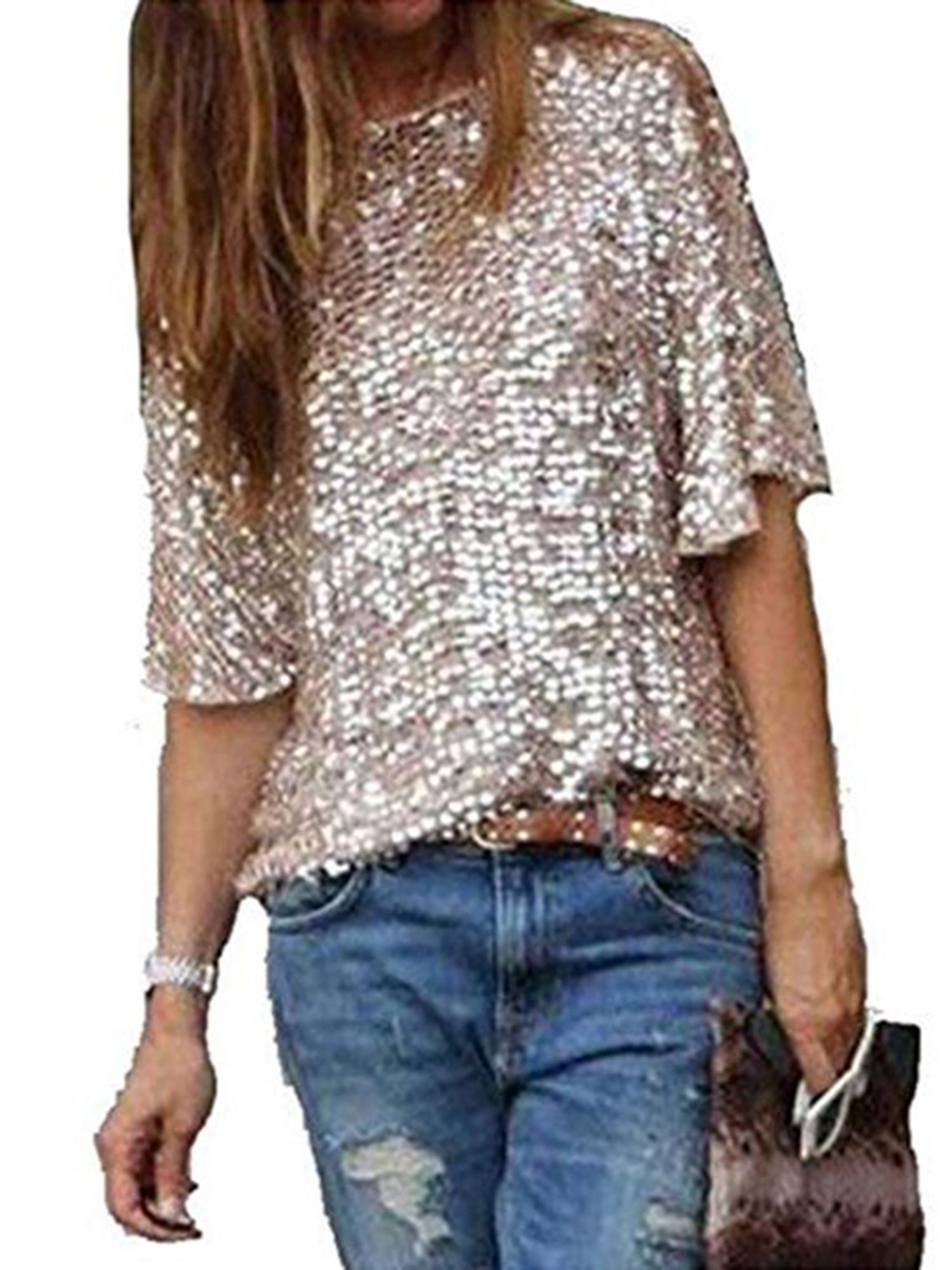 Asashitenel Women Sequin T-Shirts Lady Sparkle Glitter Short Sleeve Evening  Party Top Tees Fashion Summer Female Costume - Walmart.com