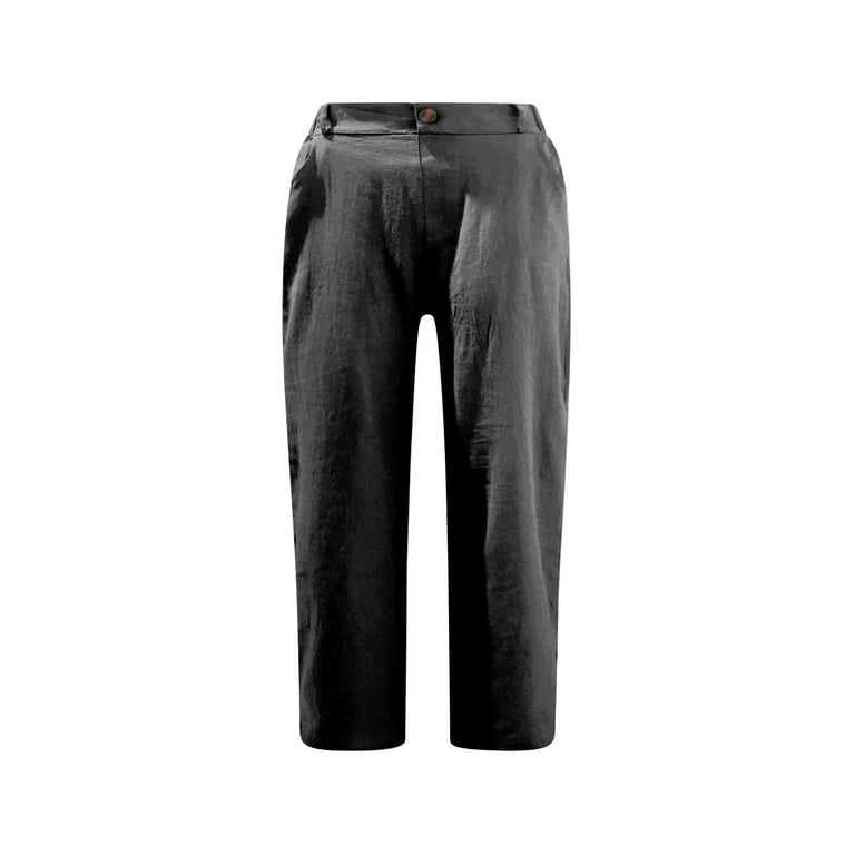 Crop Pants for Women Trendy Comfortable Linen Cropped Pants Elastic High  Waist Straight Rolled Capri Below Knee (Medium, Dark Gray)