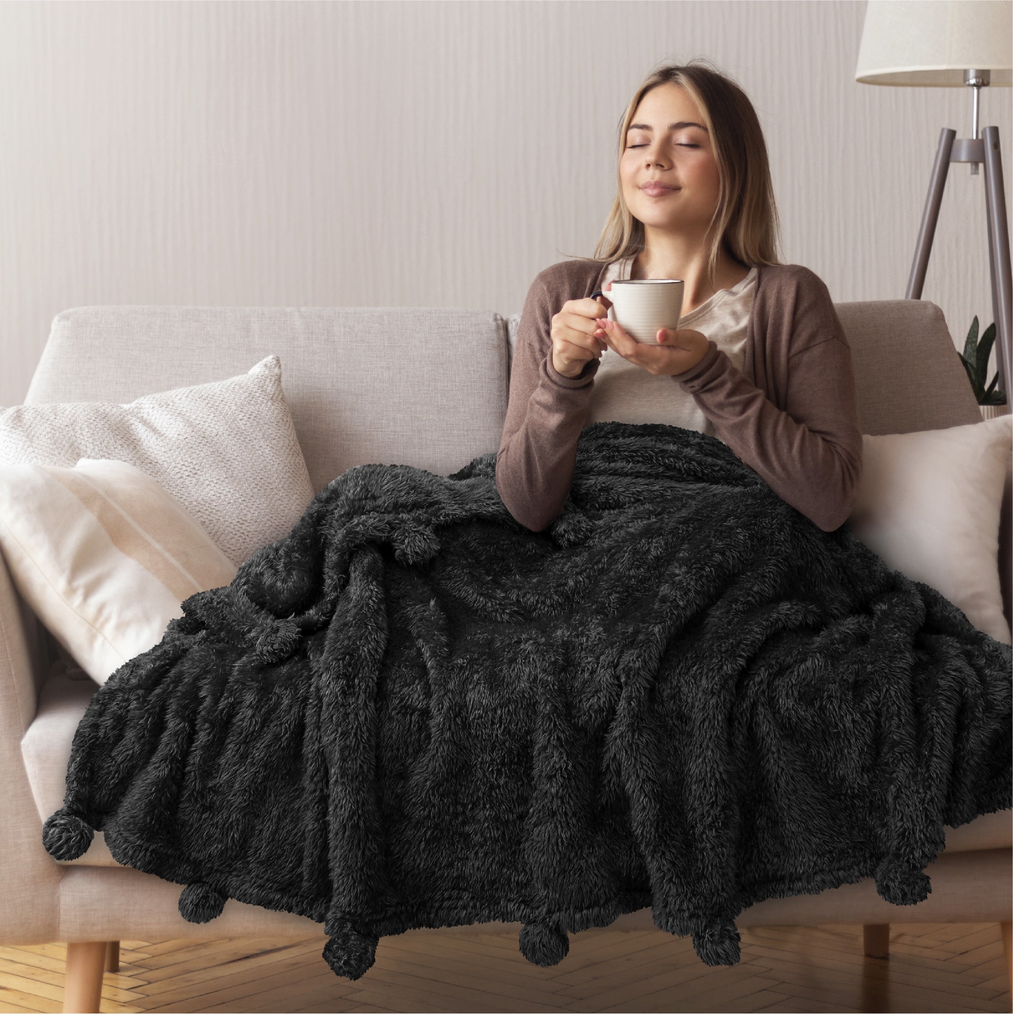 PAVILIA Black Sherpa Throw Blanket with Soft Pom Pom Fringe, Plush Cozy Warm Blankets for Couch Bed Sofa, Fuzzy Fleece Throw with Pompom, Lightweight Fluffy, Black 50x60 in