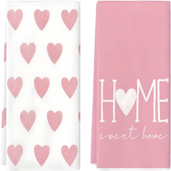AUQ Pink Heart Love Home Sweet Home Mother's Day Kitchen Towels Dish Towels,18x26" Anniversary Wedding Decoration Hand Towels Set of 2