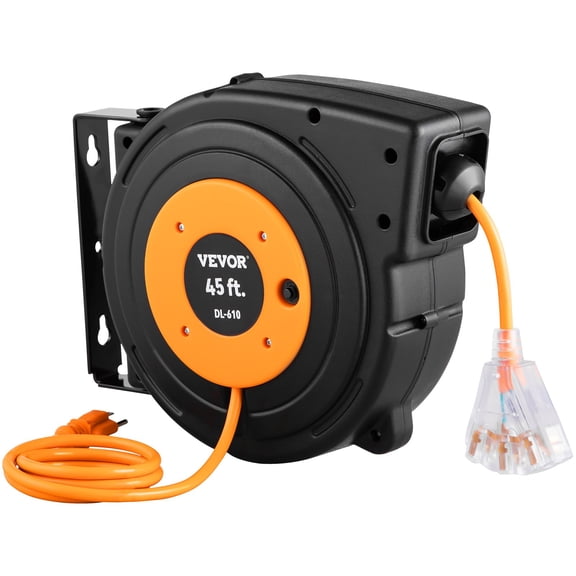 Retractable Extension Reel, Heavy Duty 12AWG/3C SJTOW Power Cord 45 FT 12AWG, Black