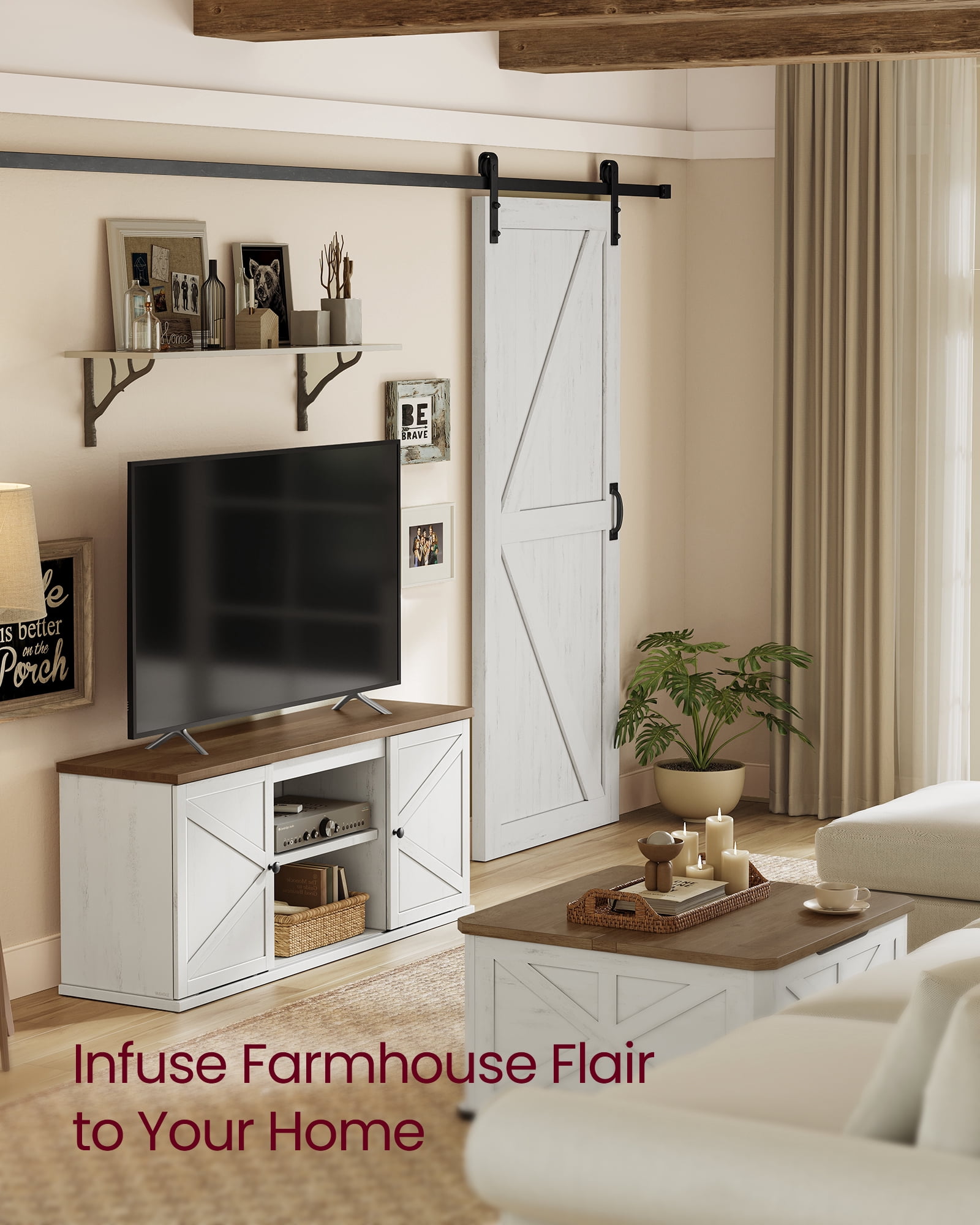 Farmhouse TV Stand for 65-Inch TVs, Entertainment Center with Sliding Barn Doors and 4 Storage Compartments, Rustic White and Brown