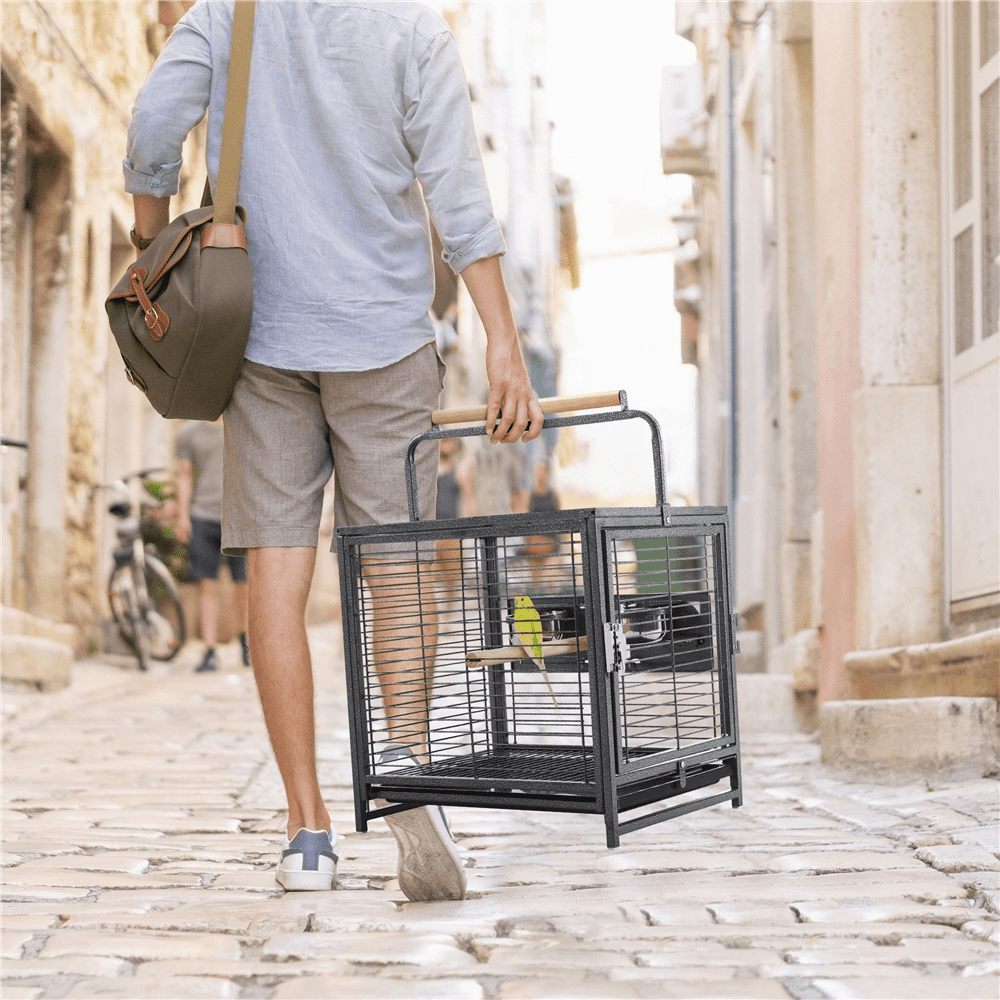 Yaheetech 26'' Wrought Iron Travel Bird Cage Carrier with Handle Perch & 2 Stainless Steel Bowls, Hammered Black