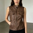 thumbnail image 2 of Morttic Women's Retro Solid Color Faux Leather Zip Up Vest – Stand Collar Sleeveless Jacket with Pockets Short Outerwear Brown，S, 2 of 5