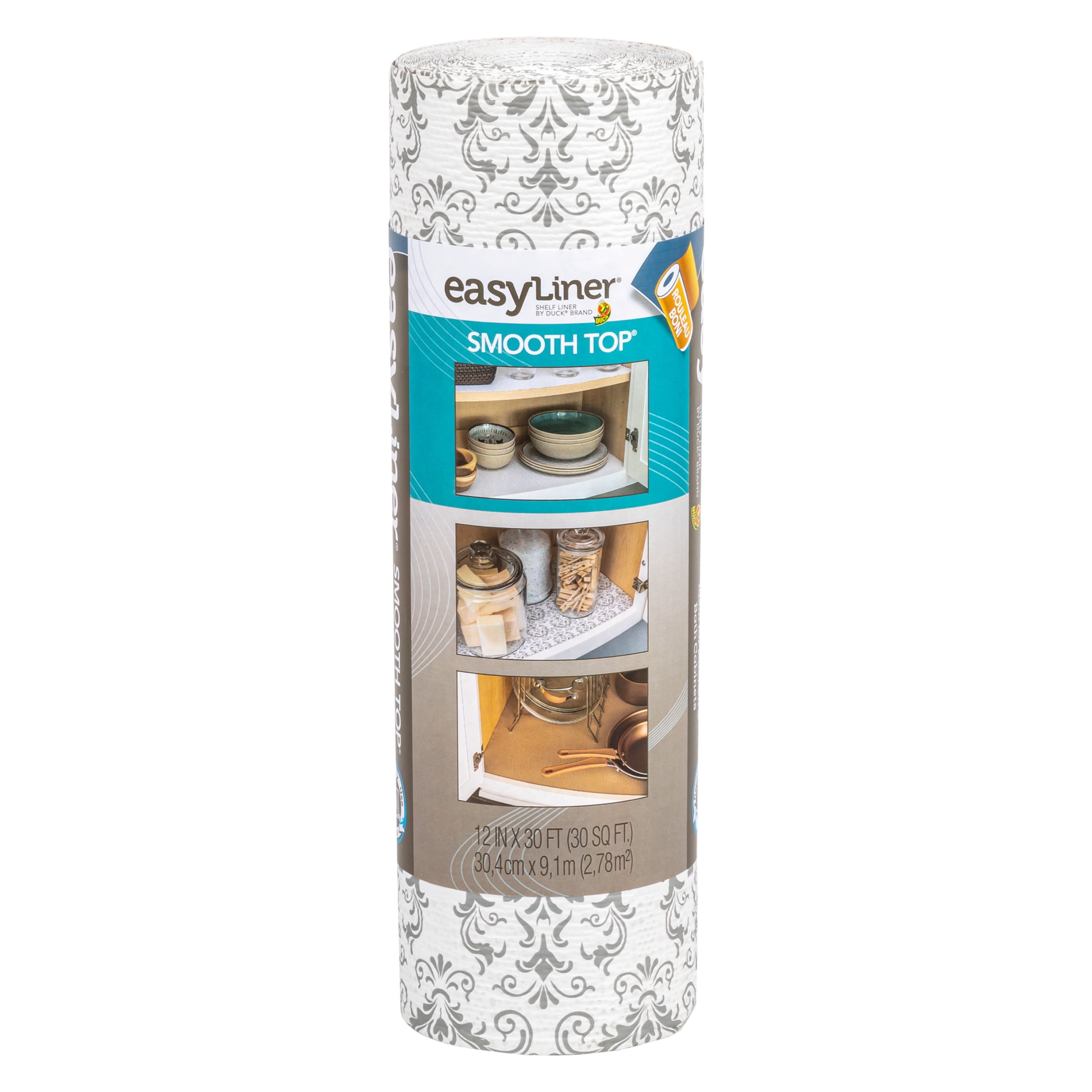 EasyLiner Smooth Top Shelf Liner, Grey Damask, 12 in. x 30 ft. Roll