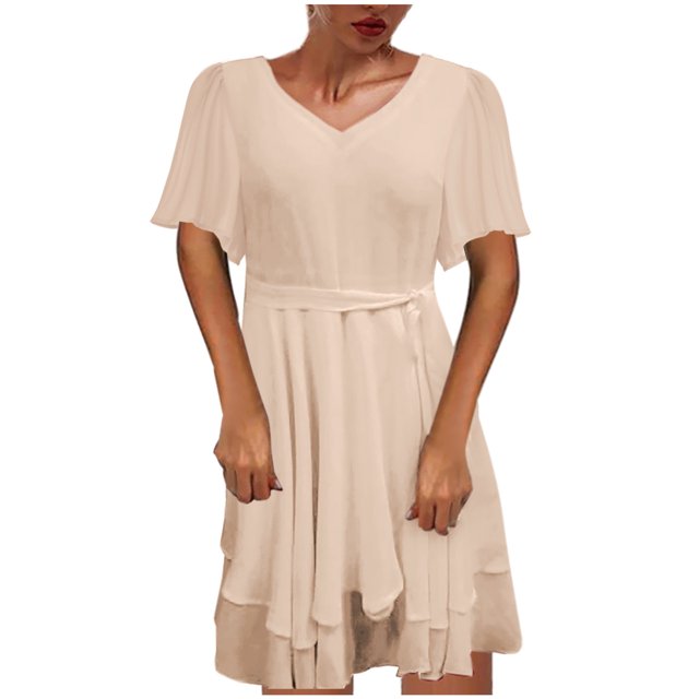 Vestido informal hasta la rodilla con cuello en V y manga corta con tirantes sueltos para mujer Fridja bnh5934