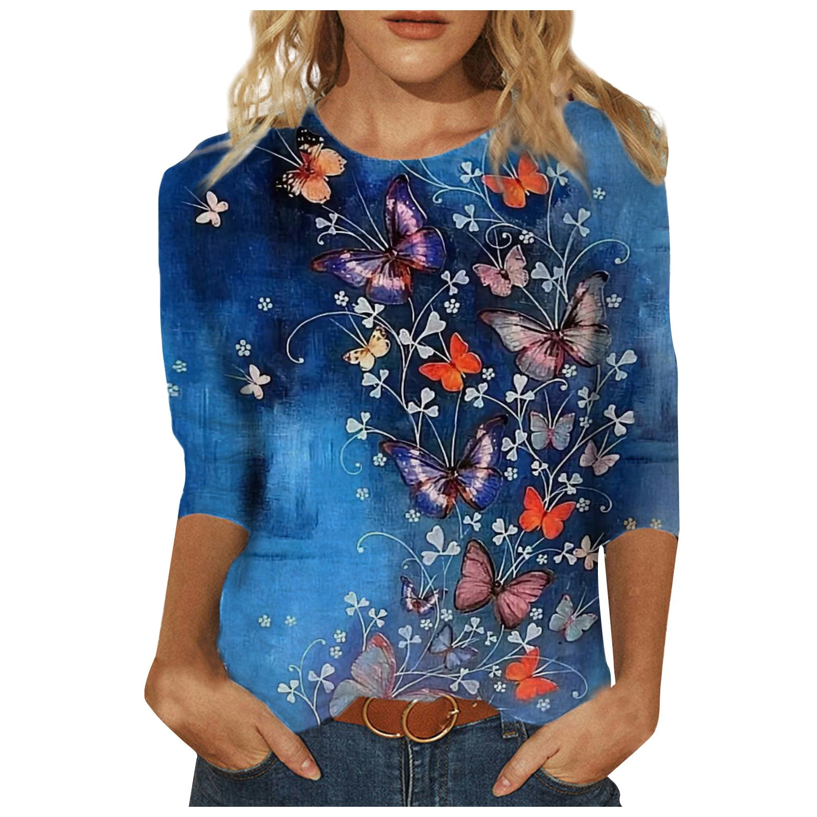 Round Neck Loose Pullover Comfy Soft Blouses Summer Casual Print Plus Size Tops 3/4 Sleeve Shirts for Women 