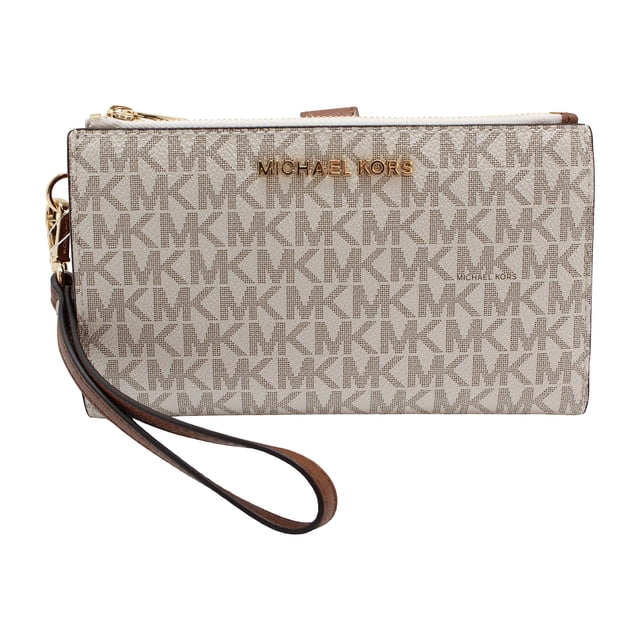 Michael Kors Jet Set Travel Double Zip Wristlet - Signature PVC (Vanilla PVC/Dark Acorn)