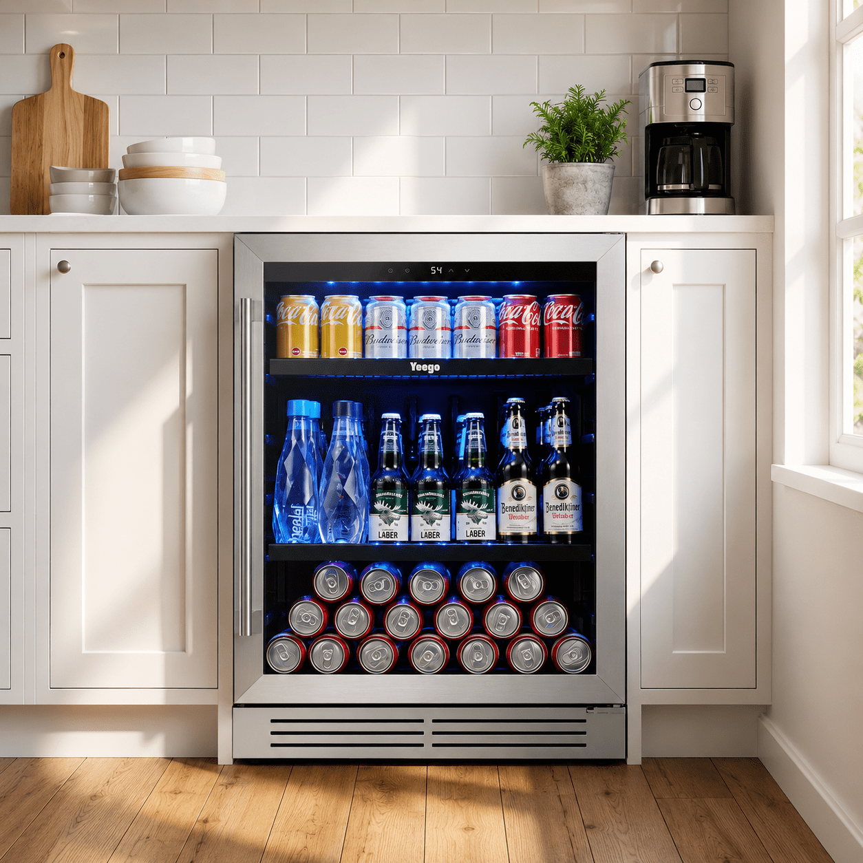 Yeego 24 Inch Beverage Refrigerator, 180 Cans Drink Fridge, Built‑in Freestanding Under Counter Beverage Cooler with Glass Door, 34‑54°F for Beer Soda Wine