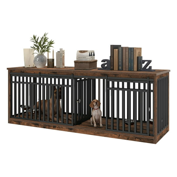 ModFusion 86.6" Double Dog Crate Furniture – Heavy-Duty Black Metal Frame & Vintage Brown Wood Panels, Fits Two Extra-Large Dogs up to 110 lbs Each