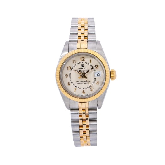 Pre-Owned Rolex Datejust 26MM 69173 White Arabic Dial Fluted Bezel Two Tone Yellow Gold Jubilee Bracelet