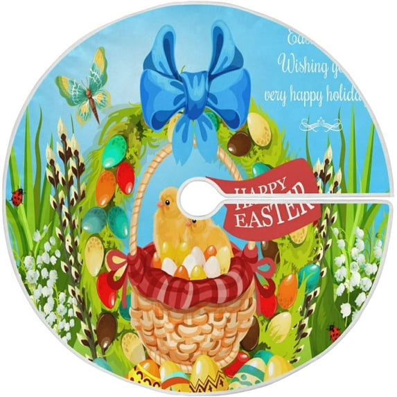 FMSHPON Easter BasketEggsChickens Greeting Xmas Christmas Tree Skirt Stand Mat for Holiday Party Decoration Indoor Outdoor 36 inches