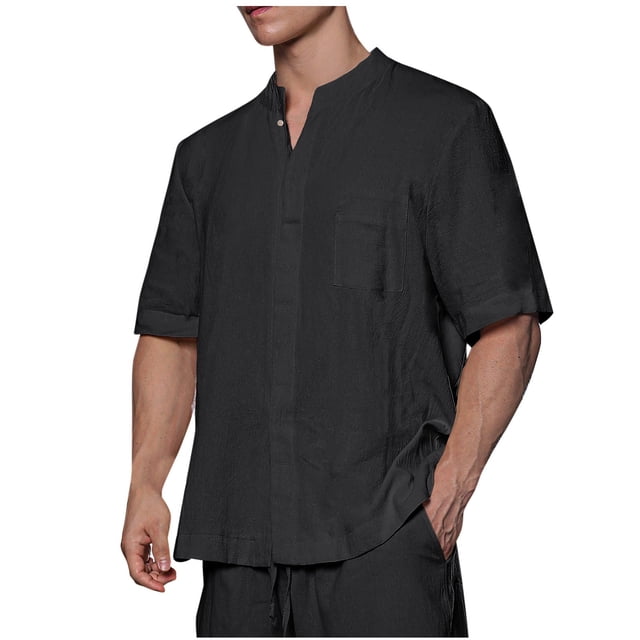 Birdeem Chemises pour Hommes Mode Décontractée Couleur Unie Bouton Manches Courtes Col Rond Blouses