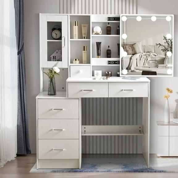 Caulitar Vanity Table with Large Sliding Mirror, 3 Color LED Light, Modern Makeup Desk with Stool, 6 Drawers & Storage Shelves, White