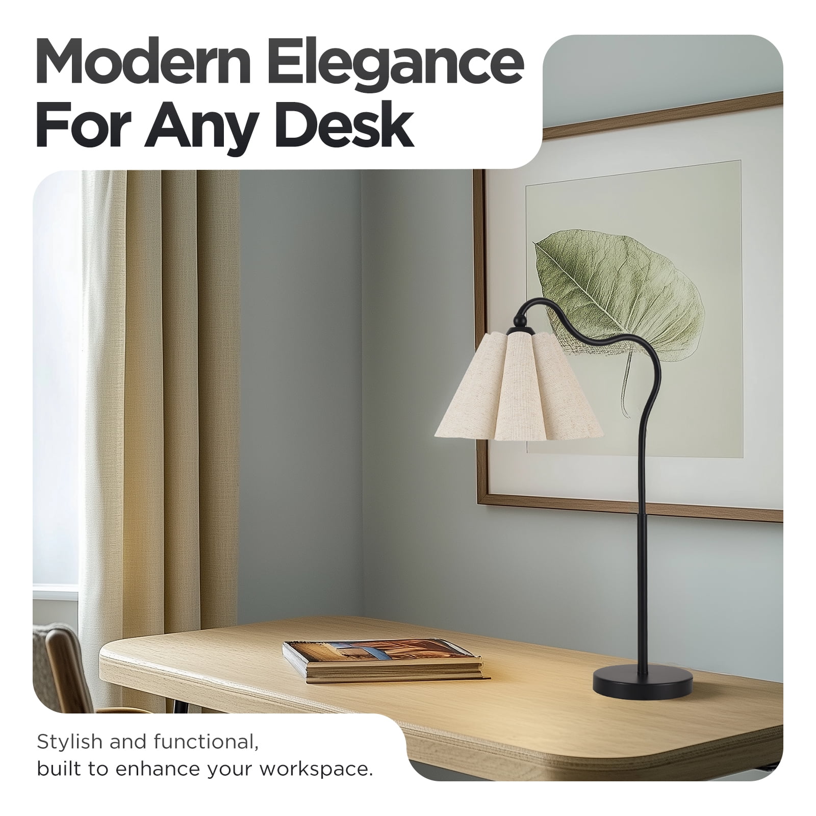 KUNJOULAM Modern Minimalist Style Black Curved Metal Lamp Post Decorative Desk Lamp, Use E26 Bulb With Linen Petal Shaped Lampshade (bulb Not Included)