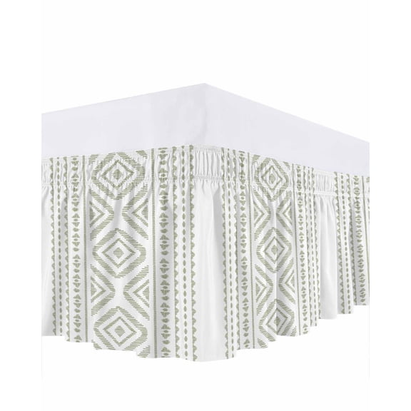 Green Bohemian Ruffle Bed Skirt Queen Size Vintage Farmhouse Adjustable Elastic Dust Bed Skirts Wrap Around Bedskirt Wrinkle Free Easy Fit with 16 Inch Drop