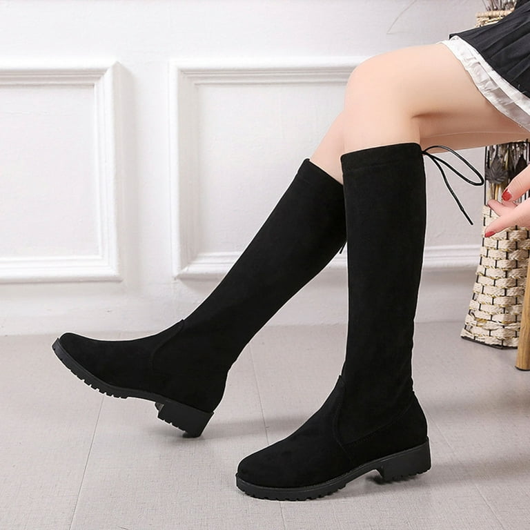 Lovskoo 2024 Women s Knee High Boots Thigh High Faux Suede Round Toe Shoes Oversized Back Zipper Non Slip Boots with Thick Heels Black