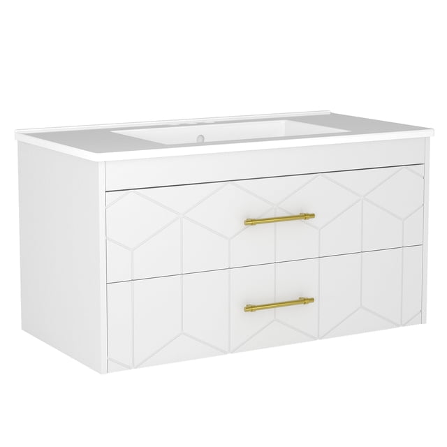 Modern Floating Bathroom Vanity Set, Wall Mounted Cabinet with Large Soft-Close Drawer and Gold Handle, Space-Saving Design