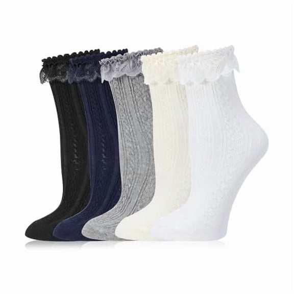 Eryueer 6 Pairs Lace Ruffle Crew Socks for Women,Cotton Cute Princess Ankle Dress Lace Socks for Women Girls