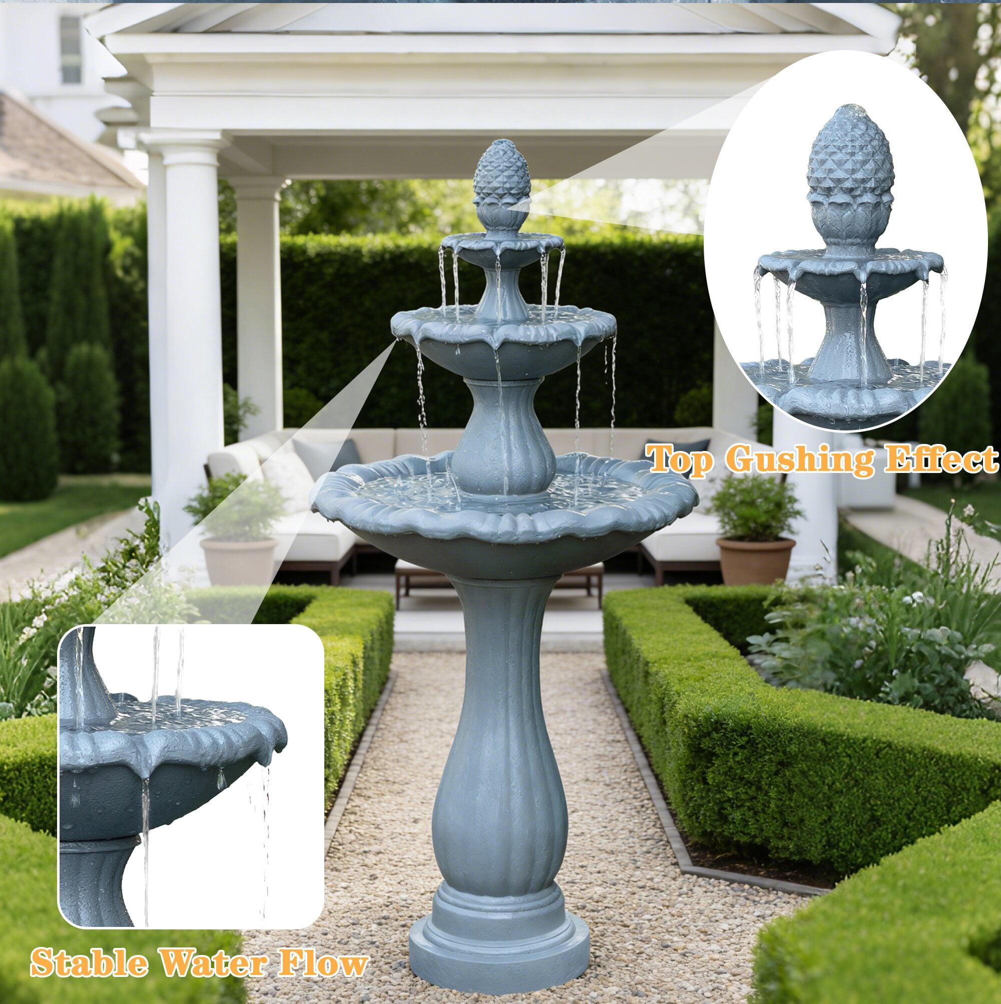 Alukang 48.03" Italian Outdoor Water Fountain, 3-Tier Garden Fountains and Waterfall with Pump & Pineapple Finial, Freestanding Resin Waterfall Fountain Feature for Patio,Backyard,Home Decor, Gray