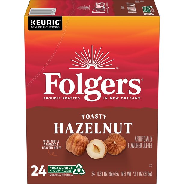 Folgers Hazelnut Cream Flavored Ground Coffee, KCup Pods, 24Count