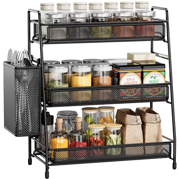 EKNITEY Spice Rack 3-Tier Countertop Organizer with Removable Side Basket – Sturdy Carbon Steel Mesh Storage Shelf for Bathroom & Kitchen, No-Tool Assembly, Black