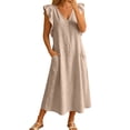 thumbnail image 5 of ZHOGXU Women's Dresses Summer Flying Sleeve V Neck Solid Color Comfortable Flowy Swing Dress With Pockets For Casual Daily Wear,Beige,Xl, 5 of 6