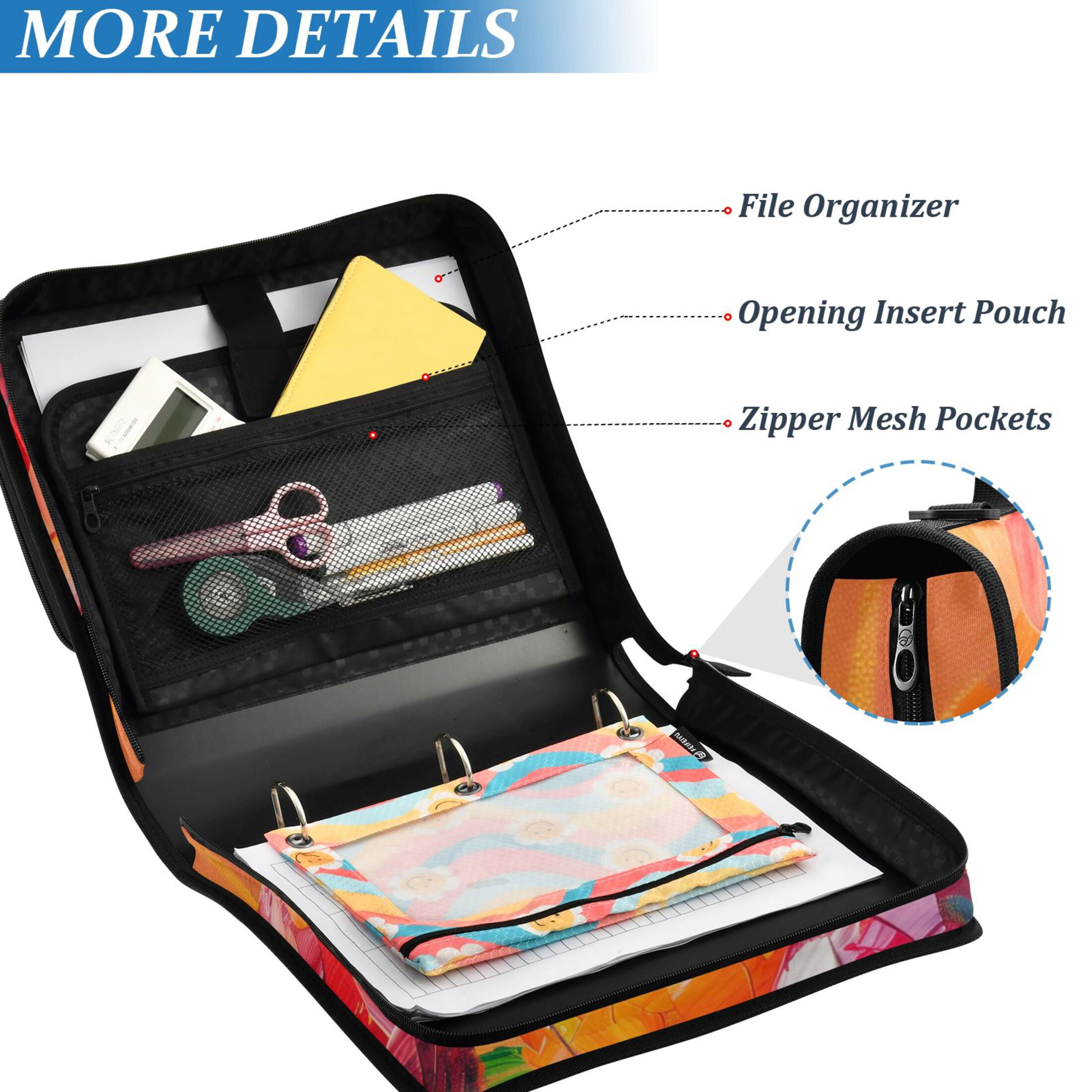 3 Ring Zipper Binder with Shoulder Strap Waterproof Trapper Keeper 2 Inch D-Ring 500 Sheets Capacity Colorful Balloons Fly