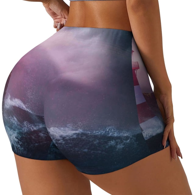 Fotbe lighthouse Waves Torrential Rain Shorts Sin Costuras – Shorts Deportivos de Cintura Alta para Mujer, Elásticos para Gimnasio, Yoga, Running o Ciclismo-XX-Large