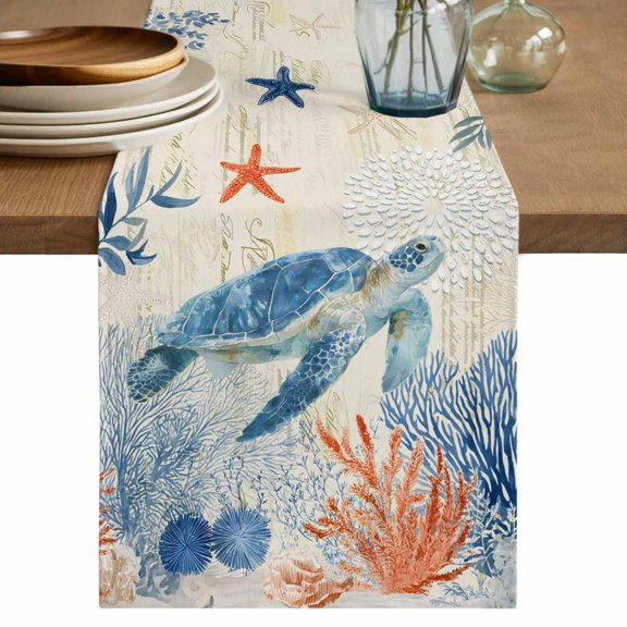 Sea Turtle Coastal Table Runner 72 Inches, Blue Red Summer Beach Coral Nautical Vintage Bed Runner Dresser Scarves Tabletop for Indoor Outdoor Parties/Ceremony/Banquet, 14" x 72"