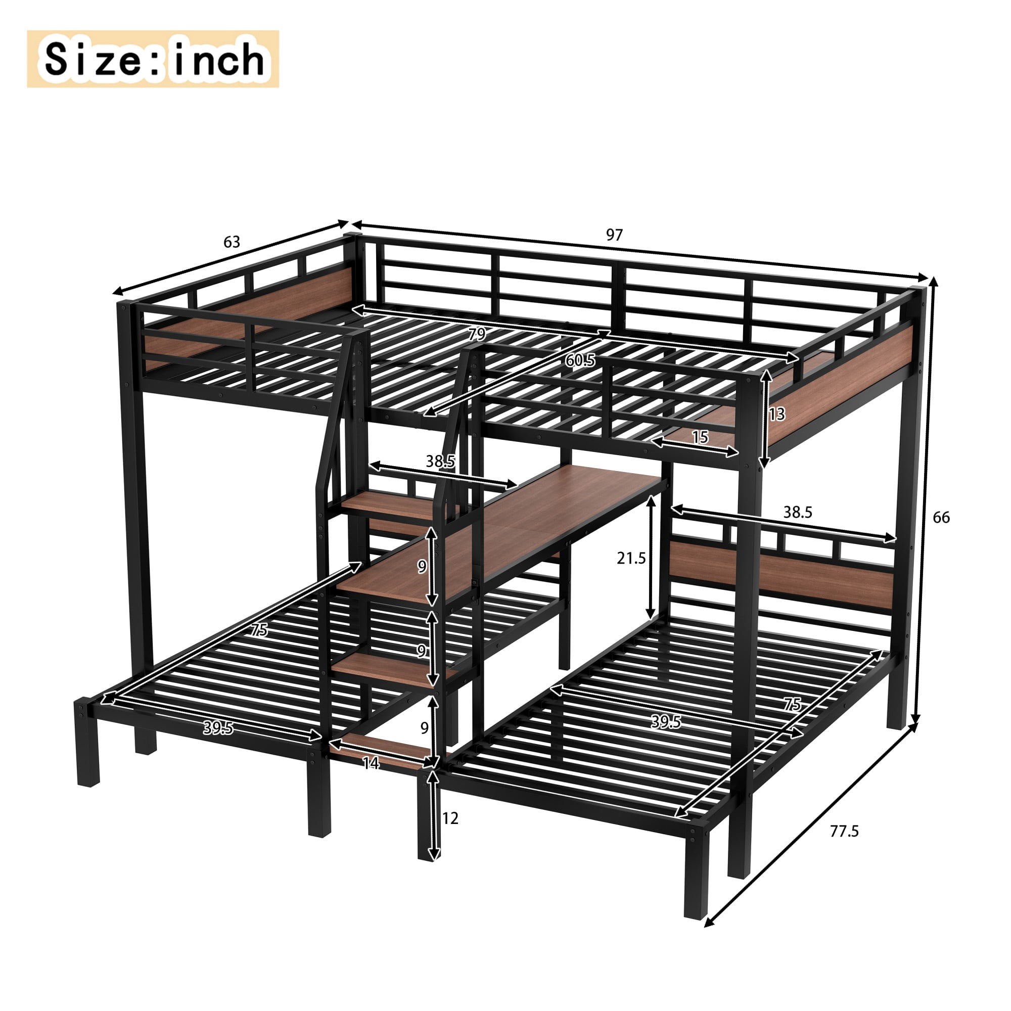 Aukfa Triple Bunk Bed with Storage Shelves & Stairs, Queen over Twin over Twin Metal Bunk Bed for 3, Space-Saving Heavy Duty Bed Frame, Black