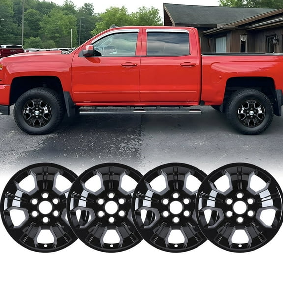 4PCS/Set Hubcap 18" Alloy Wheel Skins Compatible with 2014-2018 Chevy Silverado 1500,2019 Chevy Silverado LD 1500,Snap-on Installation,Center Cap can be Reattached,Black Lacquer